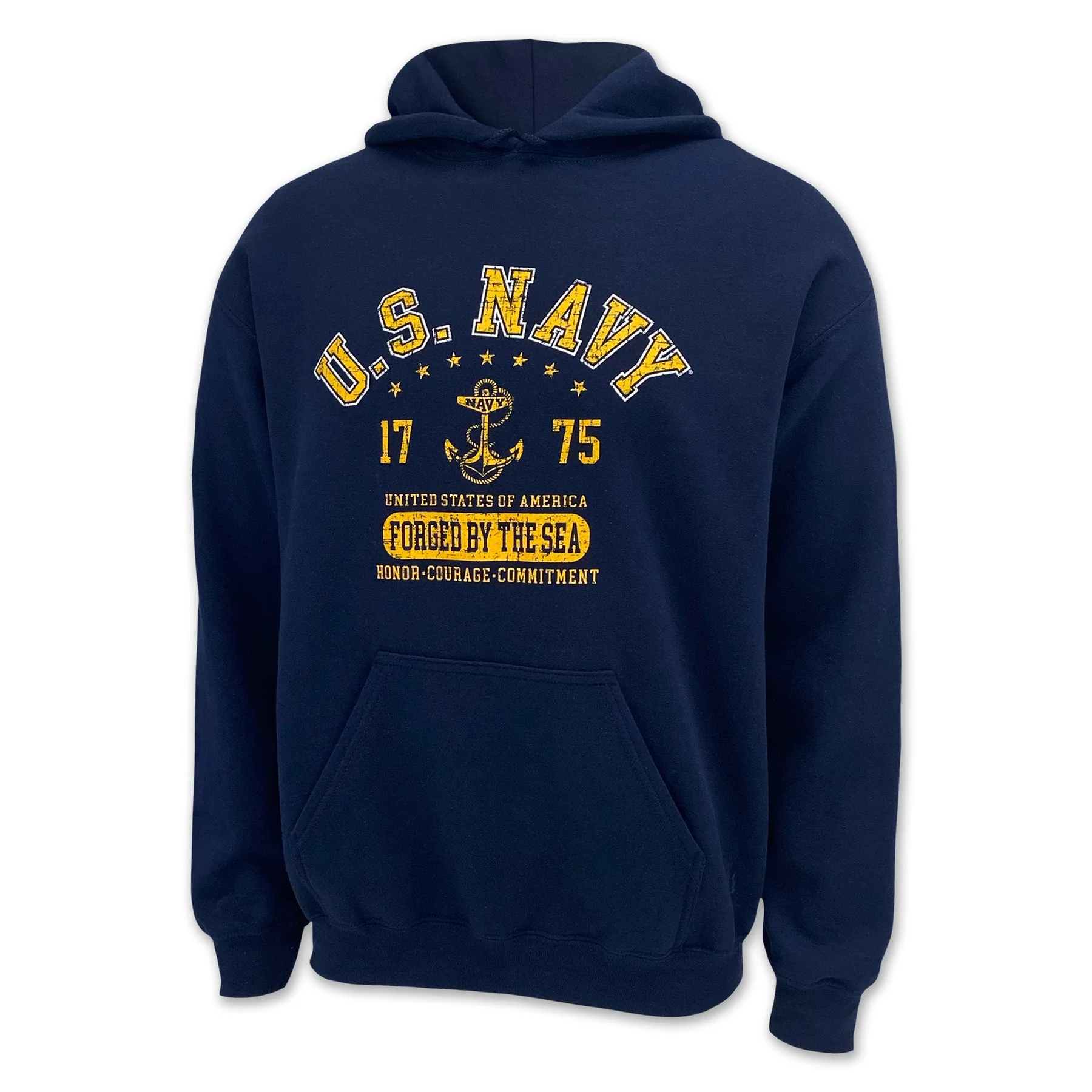 Navy distressed "Forged By The Sea" pullover hoodie in navy blue, unisex fit, with distressed screen print graphic