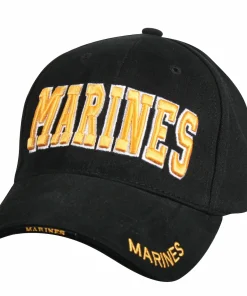 Black low-profile cap with gold 3-D embroidered "Marines" text and "Marines" brim lettering