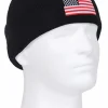 Rothco black embroidered US flag winter watch cap on a white mannequin head.
