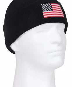 Rothco black embroidered US flag winter watch cap on a white mannequin head.