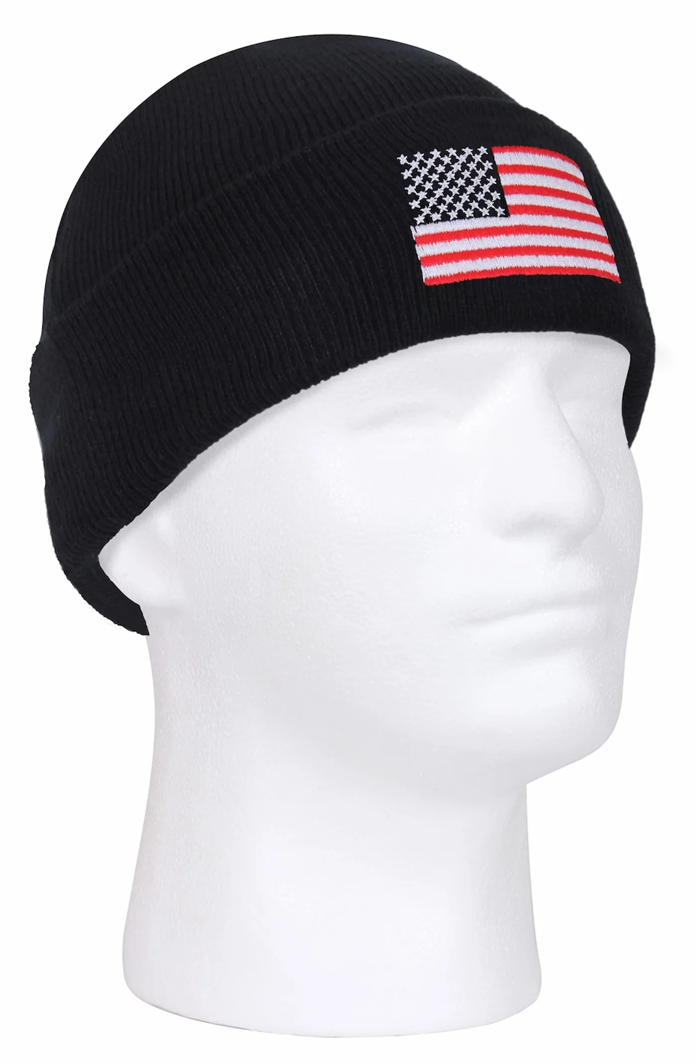 Rothco black embroidered US flag winter watch cap on a white mannequin head.