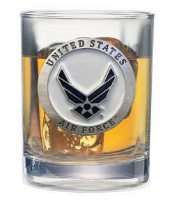 United States Air Force double old fashioned whiskey glass featuring a fine pewter casting of the USAF pilot wings emblem.