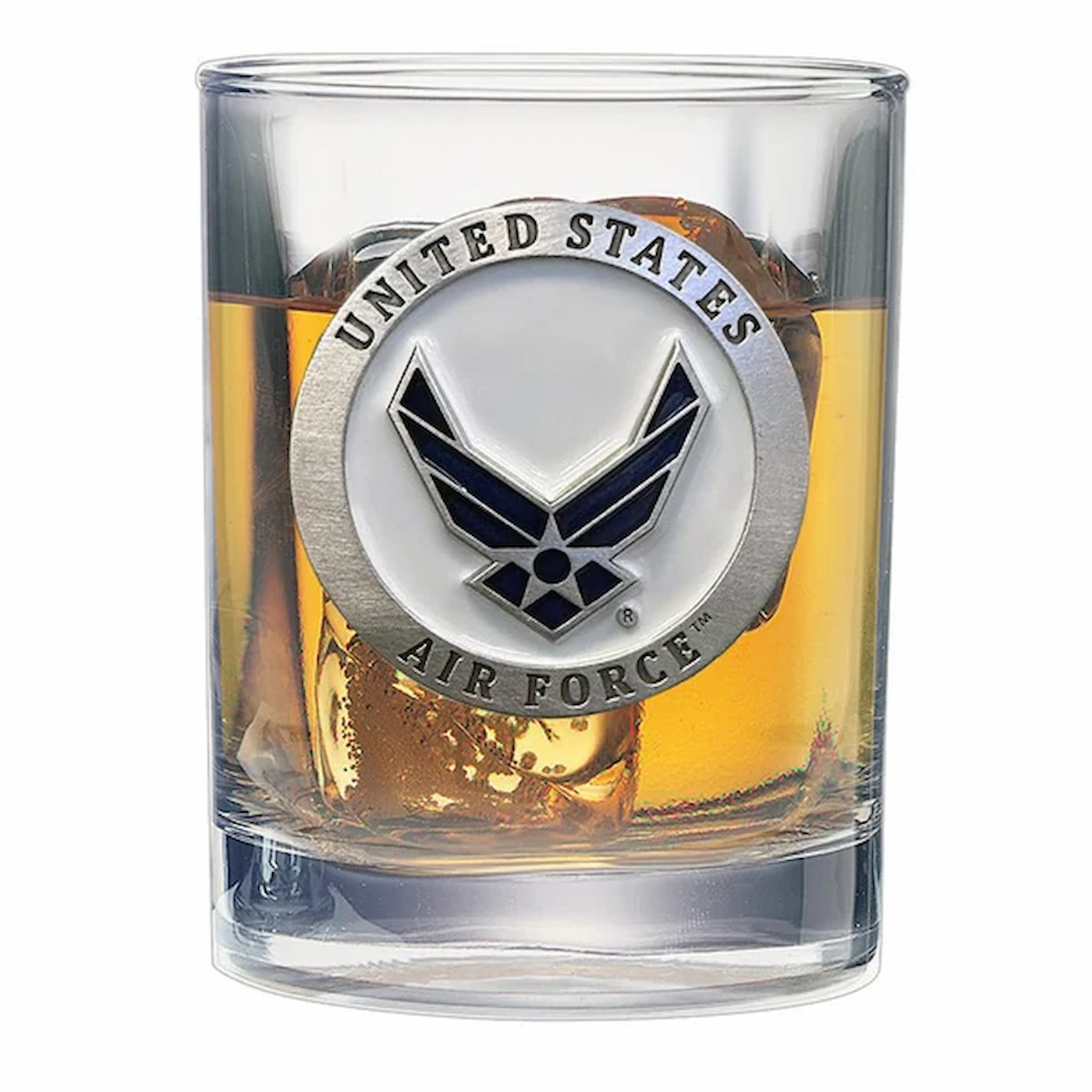 United States Air Force double old fashioned whiskey glass featuring a fine pewter casting of the USAF pilot wings emblem.
