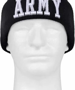 Black knit winter cap featuring prominent 3D embroidered "ARMY" lettering in white on the folded front brim