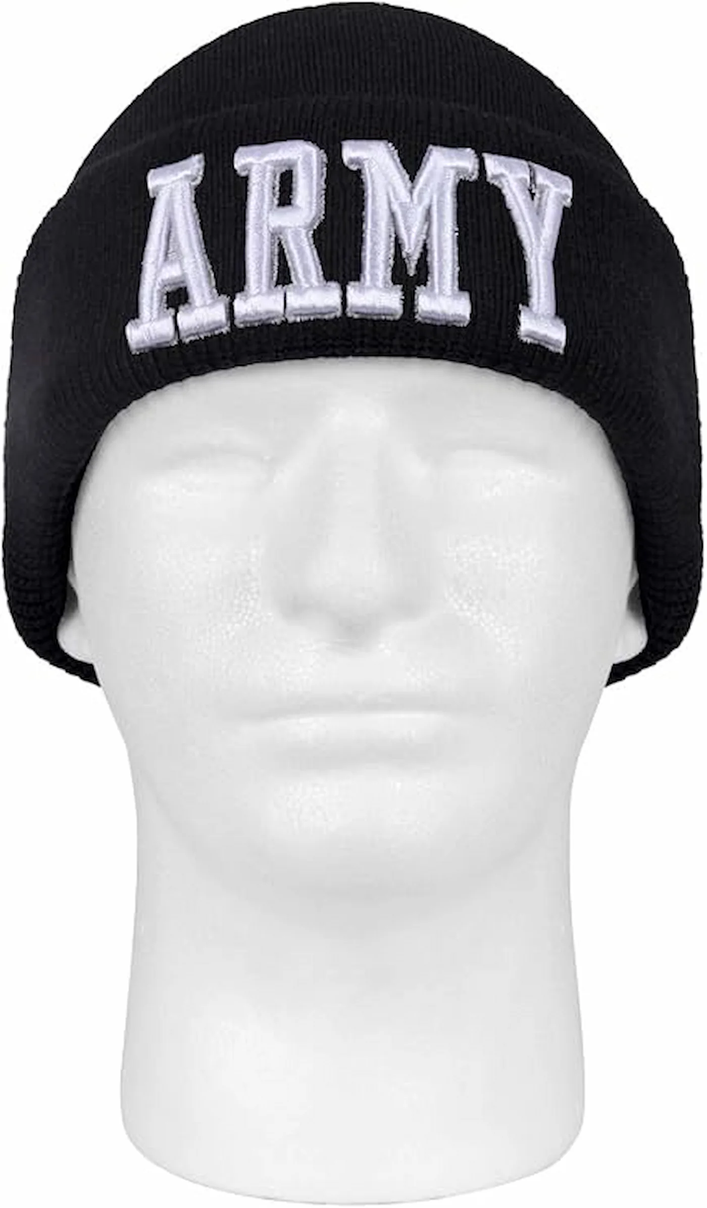 Black knit winter cap featuring prominent 3D embroidered "ARMY" lettering in white on the folded front brim