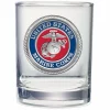 Marine Corps double old fashioned whiskey glass featuring a round USMC pewter blue and red enamel seal medallion.