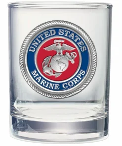 Marine Corps double old fashioned whiskey glass featuring a round USMC pewter blue and red enamel seal medallion.