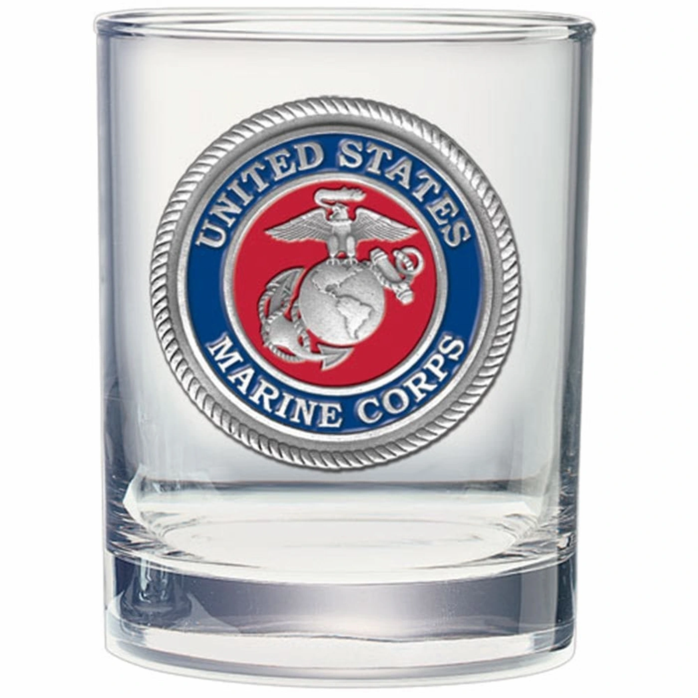 Marine Corps double old fashioned whiskey glass featuring a round USMC pewter blue and red enamel seal medallion.