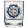 United States Navy double old fashioned whiskey glass featuring a round pewter and blue enamel US Navy seal medallion.