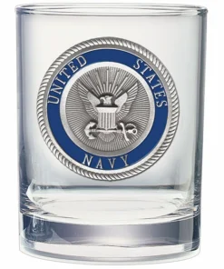 United States Navy double old fashioned whiskey glass featuring a round pewter and blue enamel US Navy seal medallion.