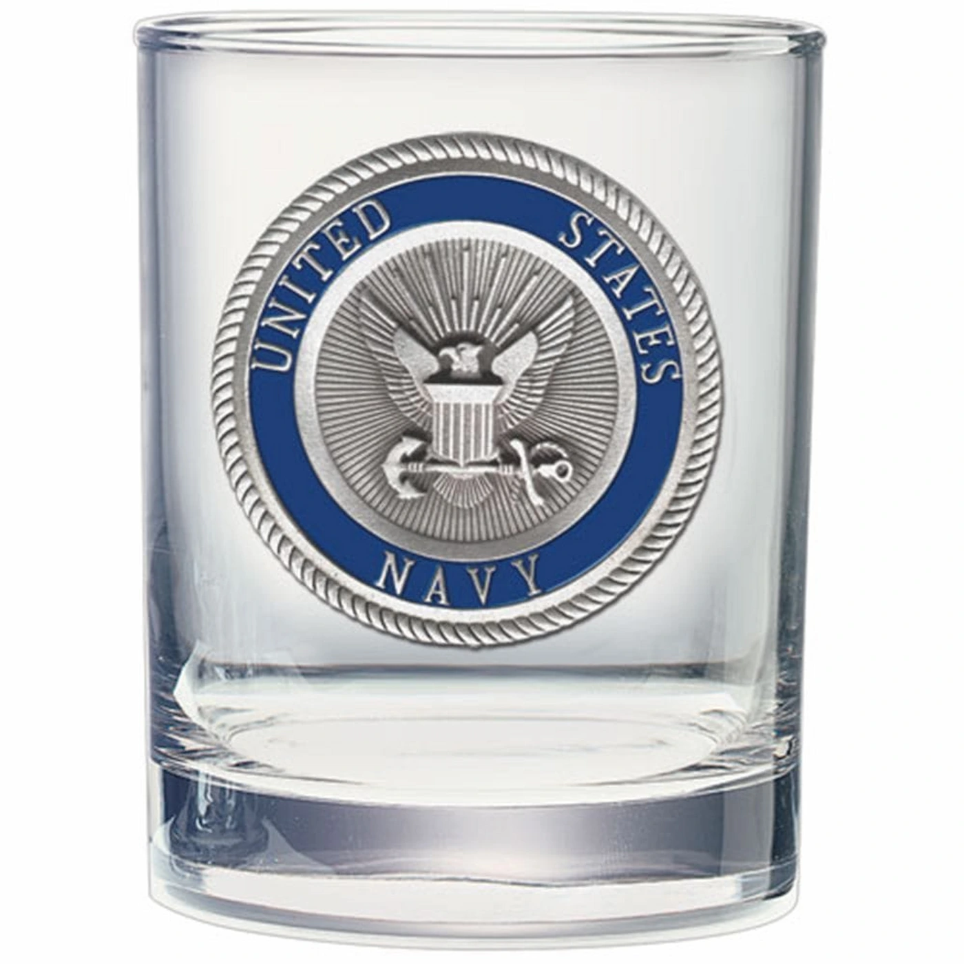 United States Navy double old fashioned whiskey glass featuring a round pewter and blue enamel US Navy seal medallion.