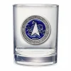 United States Space Force double old fashioned whiskey glass featuring a round pewter and blue enamel Space Force seal medallion.