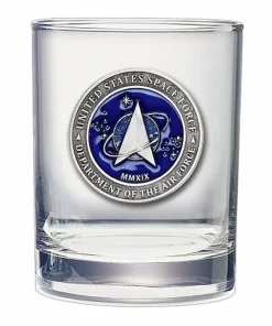 United States Space Force double old fashioned whiskey glass featuring a round pewter and blue enamel Space Force seal medallion.