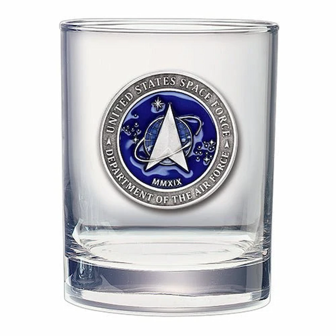 United States Space Force double old fashioned whiskey glass featuring a round pewter and blue enamel Space Force seal medallion.
