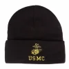 Black Rothco knit watch cap with USMC and EGA embroidered in gold