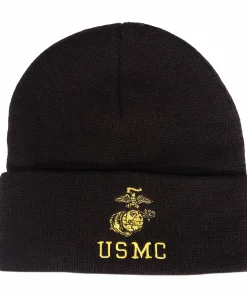 Black Rothco knit watch cap with USMC and EGA embroidered in gold