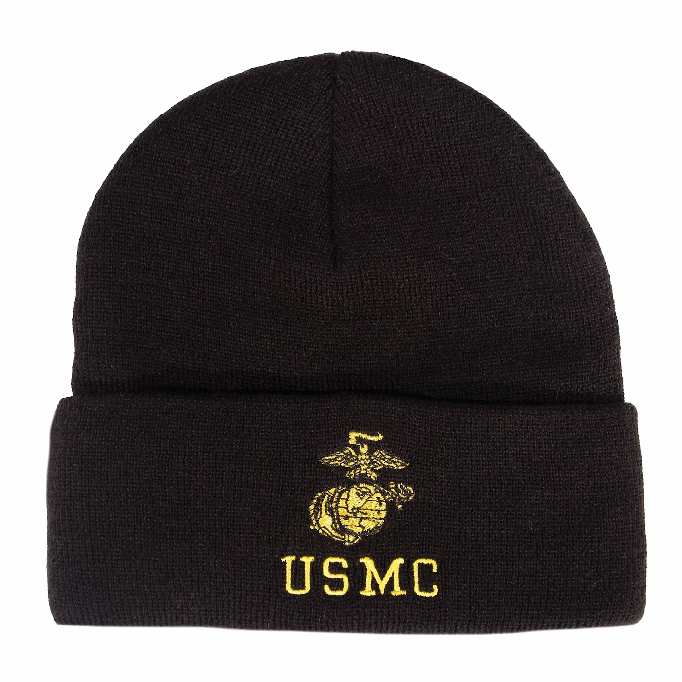 Black Rothco knit watch cap with USMC and EGA embroidered in gold