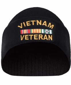 Black knit winter beanie with "Vietnam Veteran" and campaign service ribbon embroidered on front.