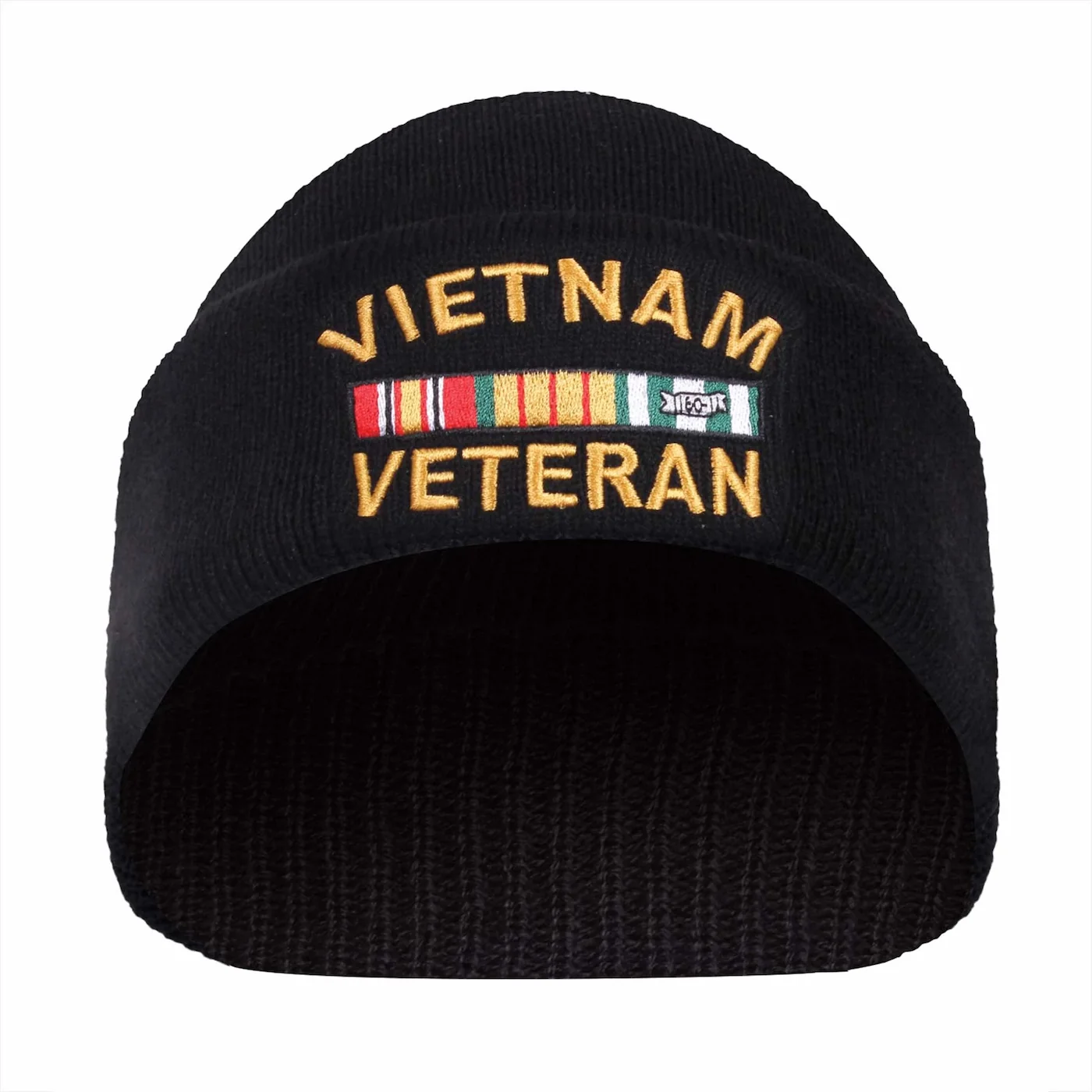 Black knit winter beanie with "Vietnam Veteran" and campaign service ribbon embroidered on front.