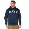 Front view of navy Rothco hoodie featuring white embroidered "Navy" lettering across the chest and anchor on left sleeve