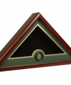 U.S. Army burial flag display case with mahogany-colored frame, green matting, gold trim, and Army medallion