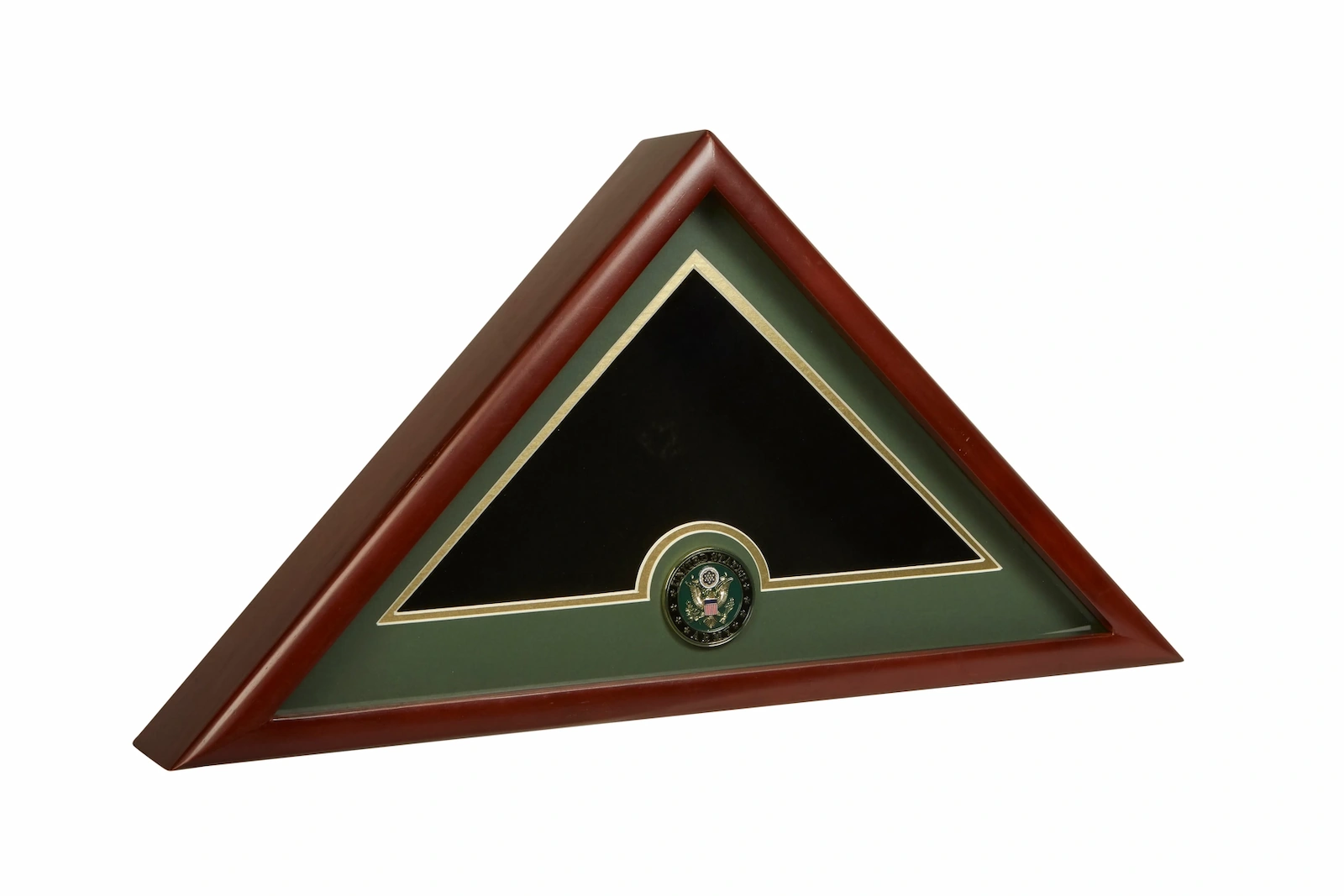 U.S. Army burial flag display case with mahogany-colored frame, green matting, gold trim, and Army medallion