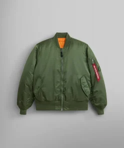 Front of Alpha Industries sage green MA-1 bomber jacket with red sleeve tag.