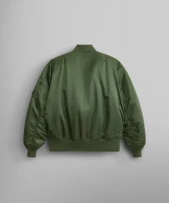 Back of Alpha Industries sage green MA-1 bomber jacket with ribbed trim
