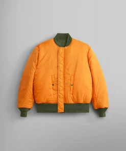 Alpha Industries MA-1 bomber jacket reversed to bright orange with sage green trim