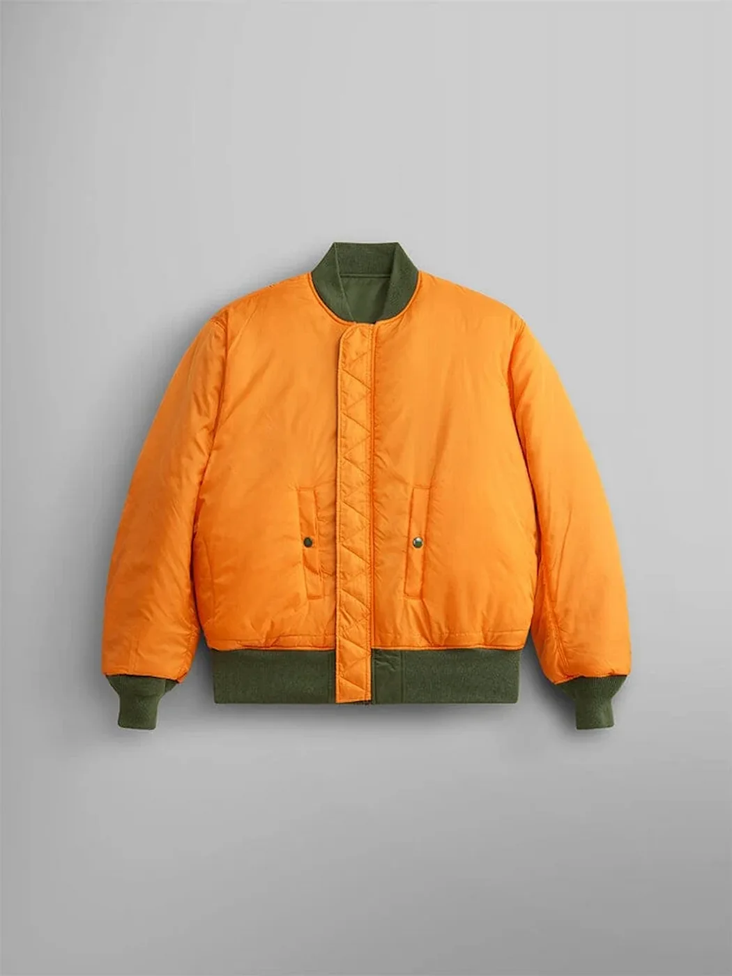 Alpha Industries MA-1 bomber jacket reversed to bright orange with sage green trim